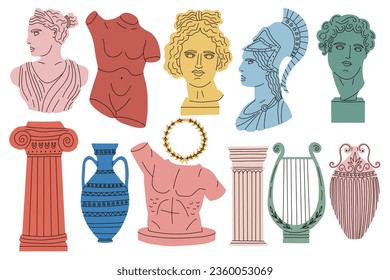 Set Antique Statue Column Head Vase in hand drawn style. Vector collection Greek Ancient Decoration in vivid color