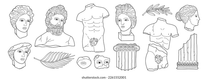 Set antique statues. Mythical, ancient greek sculpture. Editable stroke
