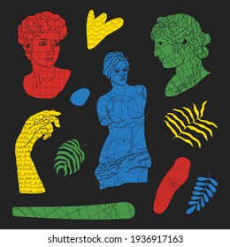 A set of antique statues and sculptures. Various abstract shapes and leaves, olive branch, heads and bodies. Ancient Greek and Roman style. Classic statues in a modern style. Stock vector illustration.