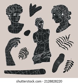A set of antique statues and sculptures. Various abstract shapes and leaves, olive branch, heads and bodies. Ancient Greek and Roman style. Cassic statues in a modern style. Stock vector illustration.