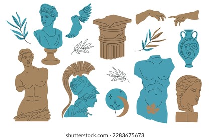 Set of antique statues. Vector hand drawn illustrations of vintage classic statues in trendy bohemian style. Heads, branch, vase, column, arms, torso, stars. Mythical, ancient Greek style.