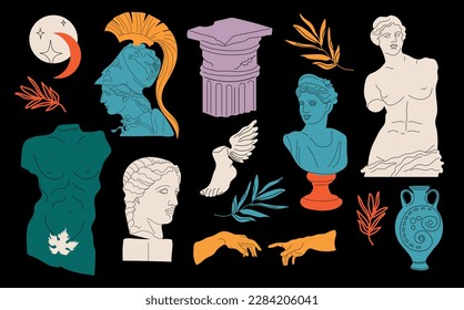 Set of antique statues. Vector hand drawn illustrations of vintage classic statues in trendy bohemian style. Heads, branch, vase, column, arms, torso, stars. Mythical, ancient Greek style.