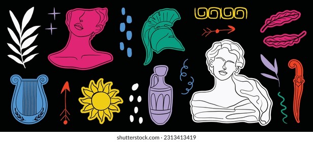 Set of antique statues vector. Hand drawn flower, heads of woman, lyre harp, sword, greek armor, heads of woman. Mythical art vector element illustration design for exhibition show, decor, prints.