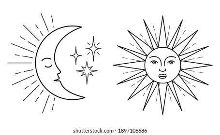 Set of antique sun and moon symbols with face. Vector illustration with stars.