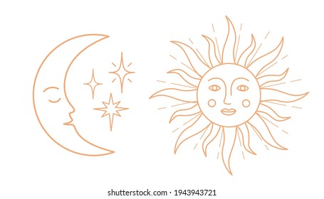 Set Of Antique Sun And Moon Symbols With Face. Vector Illustration With Stars.