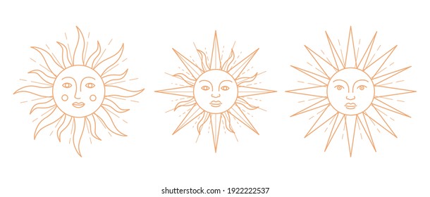 Set of antique sun symbols with face. Vector outline illustration.