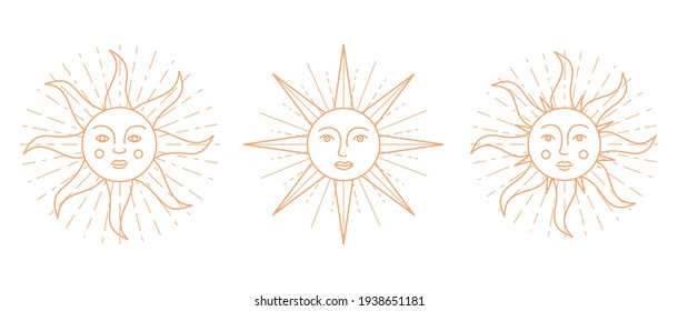 Set of antique sun symbols with face. Vector outline illustration.