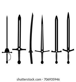 Set of antique swords. Vector black medieval blades isolated from background.