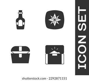 Set Antique treasure chest, Alcohol drink Rum,  and Wind rose icon. Vector