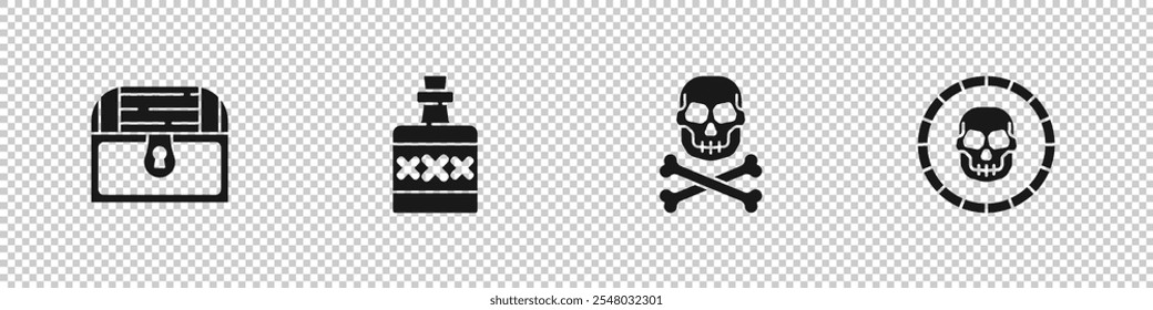 Set Antique treasure chest, Alcohol drink Rum, Skull on crossbones and Pirate coin icon. Vector