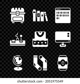 Set Antique treasure chest, Book, Binary code, Earth globe, Socks, Energy drink, Gamepad and Waistcoat icon. Vector - Powered by Shutterstock - Get 15% off with code: PIKWIZARD15