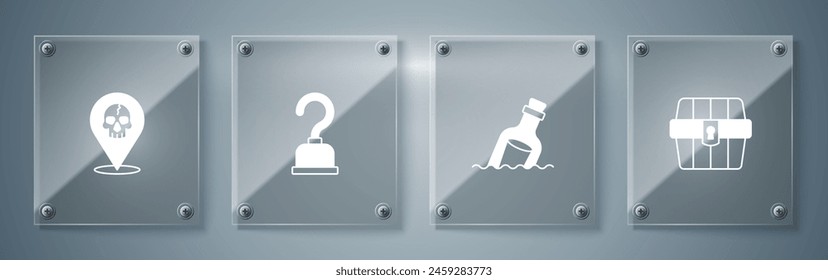 Set Antique treasure chest, Bottle with message in water, Pirate hook and Location pirate. Square glass panels. Vector