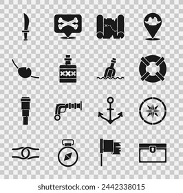 Set Antiguo cofre del tesoro, brújula, salvavidas, mapa pirata, bebida alcohólica Ron, parche de ojos, espada y botella con mensaje de icono de agua. Vector