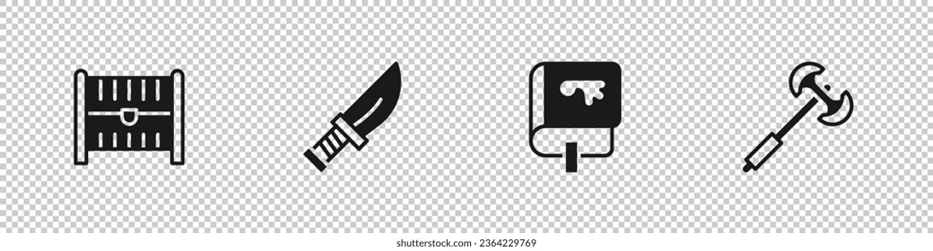 Set Antique treasure chest, Dagger, Viking book and Medieval poleaxe icon. Vector