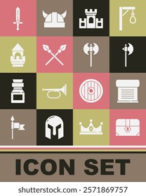 Set Antique treasure chest, Decree, parchment, scroll, Medieval axe, Castle, fortress, Crossed medieval spears, tower, sword and  icon. Vector