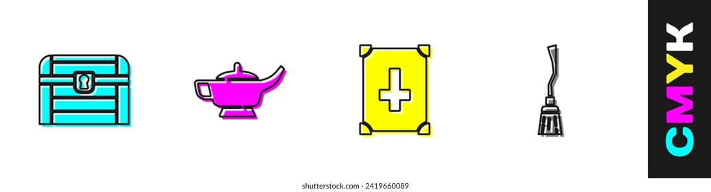 Set Antique treasure chest, Magic lamp or Aladdin, Ancient magic book and Witches broom icon. Vector