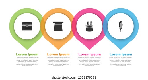 Conjunto Antiguo cofre del tesoro, sombrero mágico, orejas de mago y conejo y espada en el fuego. Plantilla de infografía de negocios. Vector