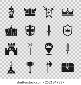 Conjunto Antiguo cofre del tesoro, espada medieval, escudo con corona, espadas de escudo, rey, casco de hierro e icono de daga. Vector