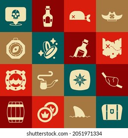 Set Antique treasure chest, Pirate eye patch, map, bandana for head, coin, Compass, Skull and Bottle with message water icon. Vector
