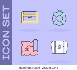 Set Antique treasure chest, , Pirate map and Lifebuoy icon. Vector