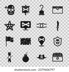 Set Antique treasure chest, Shield with pirate skull, Pirate sword, hook, Location, Starfish, Skull and Rope tied in knot icon. Vector