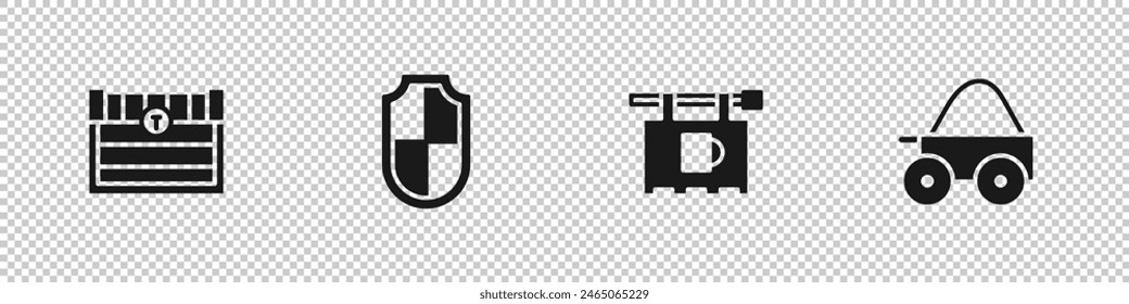 Set Antike Schatztruhe, Schild, Straßenschild mit Bar und Holz Vierrad-Warenkorb-Ikone. Vektorgrafik