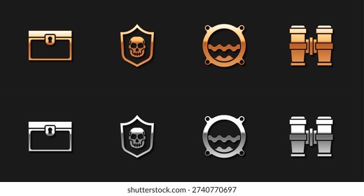 Set Antique treasure chest, Shield with pirate skull, Ship porthole seascape and Binoculars icon. Vector
