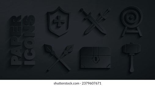 Die antike Schatztruhe, Ziel mit Pfeil, Überquerte mittelalterliche Speere, Hammer, Schwert und Schild Symbol. Vektorgrafik