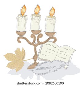 Set of antique triple candlestick with candles, bird feather, book and maple leaf. In the style in doodle style, hand-drawing.