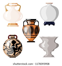 Set of antique utensils for food on a white background. Collection of vintage amphorae for wine, grain, oil and incense. Cartoon style. Vector illustration