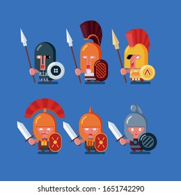 Eine Reihe antiker Krieger, die sich für Animation, Spiele und Ihr Design eignen. Flaches Design. Stock, Vektorillustration-Grafik.