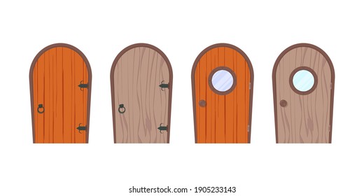 Set of Antique Wooden Doors. Stone cladding and steps. Wood texture. Cartoon style. Isolated, vector 