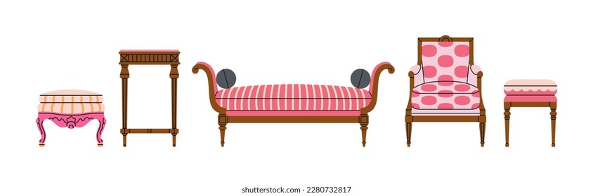 Set with antique wooden furniture, Renaissance style. Armchair, sofa, pouf, table etc. For museum and palace interiors. Room decoration. Hand draw vector illustration isolated on white background.