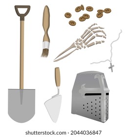 Set of antiquities from medieval archaeological site of knight-crusader. Excavation tools. Vector illustration.