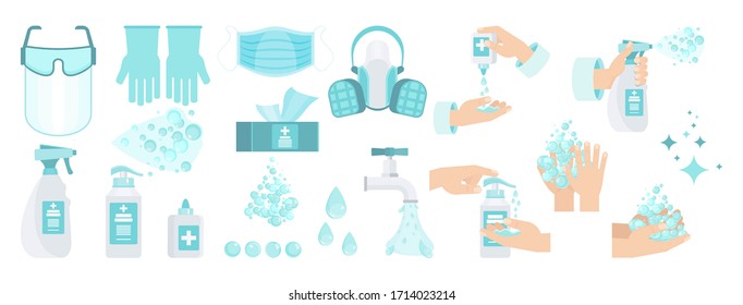 Set of Antiseptic for disinfection. Hand hygiene. Hand washing with soap. Sanitizer bottles, washing gel, spray and liquid soap. Personal protective for epidemic covid-19. Flat vector illustration.
