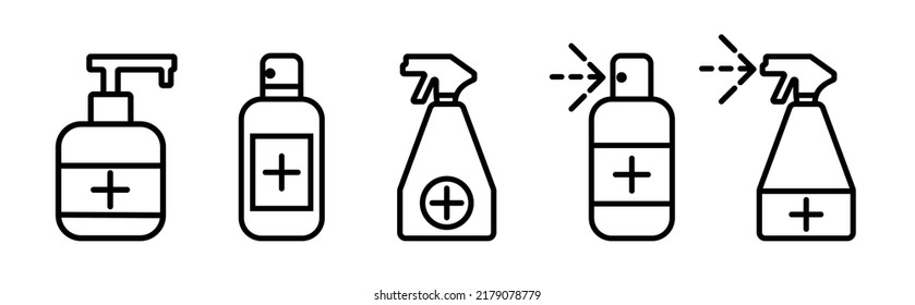 Set of antiseptic spray and soap bottle icons. Medic covid virus, hand protection, sanitizer for hygiene. Black vector illustration on white background.