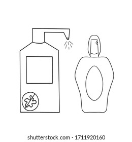 Set of antiseptic tools isolated on white. Disinfection hands with sanitizer. Hygiene and prevention during pandemic and quarantine. Aseptic conditions. Simple vector illustartion in cartoon doodle