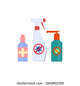 A set of antiseptics for sanitization, disinfection. Means against microbes, viruses, bacteria. Spray bottle with dispenser. Vector illustration, flat cartoon color design, isolated on white backgroun