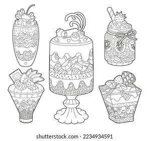 A set of anti-stress coloring books with healthy desserts, trifles with yogurt, fruits and various toppings. Ornamental coloring pages for children and adults.