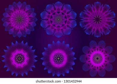 Set of Anti-Stress Therapy Pattern. Mandala. For Design Backgrounds. Vector Illustration. Can Be Used For Textile, Greeting Card, Coloring Book, Phone Case Print. Purple color.