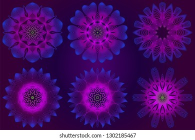 Set of Anti-Stress Therapy Pattern. Mandala. For Design Backgrounds. Vector Illustration. Can Be Used For Textile, Greeting Card, Coloring Book, Phone Case Print. Purple color.