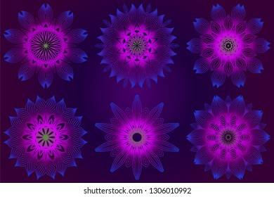 Set of Anti-Stress Therapy Pattern. Mandala. For Design Backgrounds. Vector Illustration. Can Be Used For Textile, Greeting Card, Coloring Book, Phone Case Print. Purple color.
