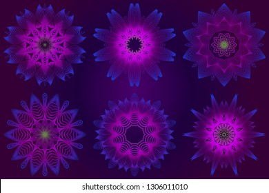 Set of Anti-Stress Therapy Pattern. Mandala. For Design Backgrounds. Vector Illustration. Can Be Used For Textile, Greeting Card, Coloring Book, Phone Case Print. Purple color.