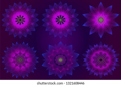 Set of Anti-Stress Therapy Pattern. Mandala. For Design Backgrounds. Vector Illustration. Can Be Used For Textile, Greeting Card, Coloring Book, Phone Case Print. Purple color.