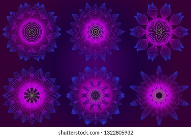 Set of Anti-Stress Therapy Pattern. Mandala. For Design Backgrounds. Vector Illustration. Can Be Used For Textile, Greeting Card, Coloring Book, Phone Case Print. Purple color.