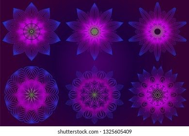 Set of Anti-Stress Therapy Pattern. Mandala. For Design Backgrounds. Vector Illustration. Can Be Used For Textile, Greeting Card, Coloring Book, Phone Case Print. Purple color.