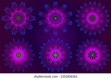 Set of Anti-Stress Therapy Pattern. Mandala. For Design Backgrounds. Vector Illustration. Can Be Used For Textile, Greeting Card, Coloring Book, Phone Case Print. Purple color.