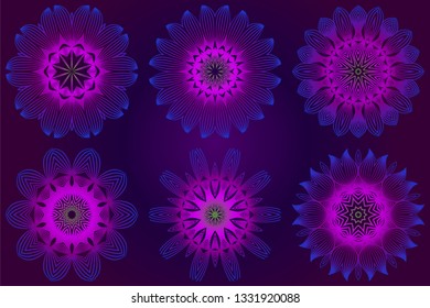 Set of Anti-Stress Therapy Pattern. Mandala. For Design Backgrounds. Vector Illustration. Can Be Used For Textile, Greeting Card, Coloring Book, Phone Case Print. Purple color.