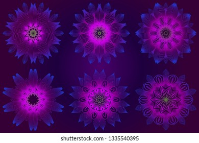 Set of Anti-Stress Therapy Pattern. Mandala. For Design Backgrounds. Vector Illustration. Can Be Used For Textile, Greeting Card, Coloring Book, Phone Case Print. Purple color.