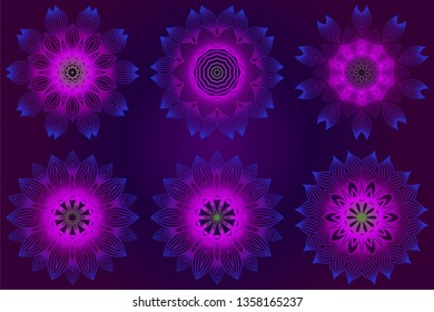 Set of Anti-Stress Therapy Pattern. Mandala. For Design Backgrounds. Vector Illustration. Can Be Used For Textile, Greeting Card, Coloring Book, Phone Case Print. Purple color.